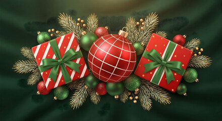Christmas Gifts and Ornaments with Pine Branches on Green Fabric Background