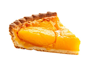 A slice of vibrant peach tart with golden crust against a stark black background