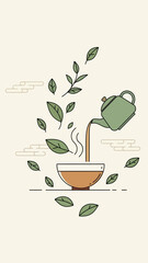 Invigorating Tea Ceremony: A Serene Illustration of Herbal Infusion and Fresh Leaves