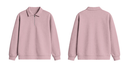 Blank Soft Pink Quarter Zip Polo Sweatshirt Mockup Front and Back Isolated on Transparent Background © Drip