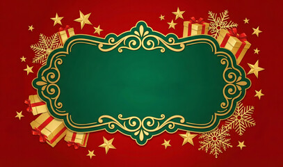 Christmas Ornate Frame with Gifts and Snowflakes on Red Background