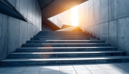 Obraz premium A modern concrete staircase leads upward, illuminated by warm sunlight filtering through