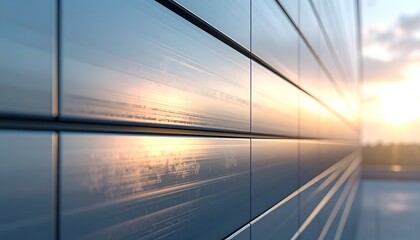 A close-up view of sleek, reflective wall panels capturing the sunset's warm glow on a modern facade