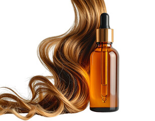 Golden hair strand and amber oil dropper bottle against black
