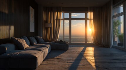 Golden Hour Luxury Apartment Living Room with City Sunset View, Modern living room
