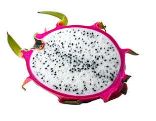 Sliced dragon fruit with vibrant pink skin and white flesh speckled with black seeds