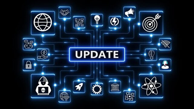 Digital glow update. Abstract digital design with the word update and futuristic connection. Update animation with digital futuristic neon glow and abstract network .4K black background visuals