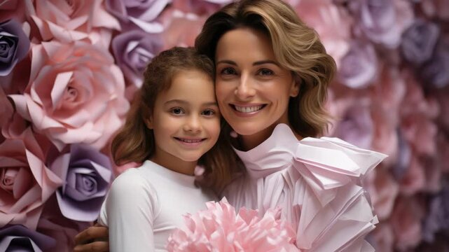 A mother lovingly embraces her young daughter in a floral backdrop.