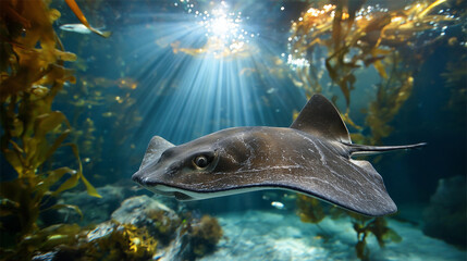 Close-up of stingray swimming underwater in marine aquarium with sun rays and seaweed, aquatic wildlife scene, with copy space