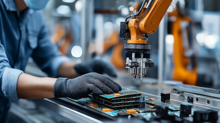 Faceless human worker wearing protective gloves carefully placing circuit boards while robot arm applies material in synchronized manufacturing cell, with copy space