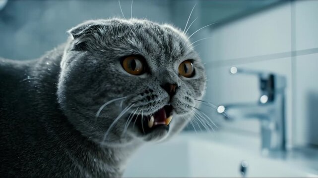 Angry cat hisses in bathroom showing teeth and aggression. Gray cat displays angry expression with mouth open. Pet cat hissing demonstrates fear. Aggressive feline shows teeth in bathroom setting.