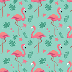  Pink flamingos and tropical leaves seamless pattern