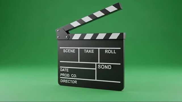 A black movie clapperboard is open against a plain green background, symbolizing film production and creativity.