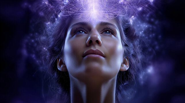 Faceless spiritual woman receiving information from universe, divine connection purple stream of consciousness into pineal gland, crown chakra seventh chakra opening and