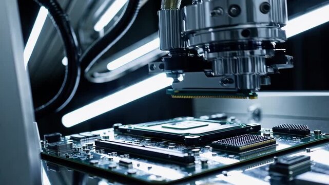 Advanced semiconductor manufacturing process precision technology in microchip fabrication. the close-up view of a microprocessor and intricate machinery emphasizes the precision and complexity in ele