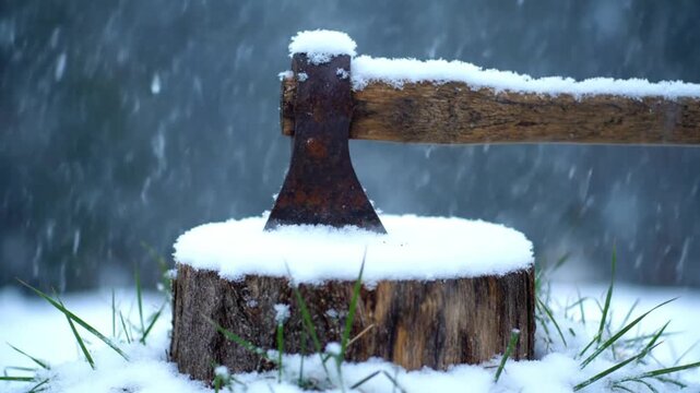 This serene winter scene captures a rustic axe deeply embedded in a snow-covered log, while delicate snowflakes gently fall around them. The frosted landscape, with hints of green grass peeking throug