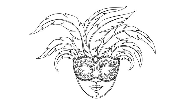 Single line Venetian carnival mask with feathers elegant masquerade mystery illustration