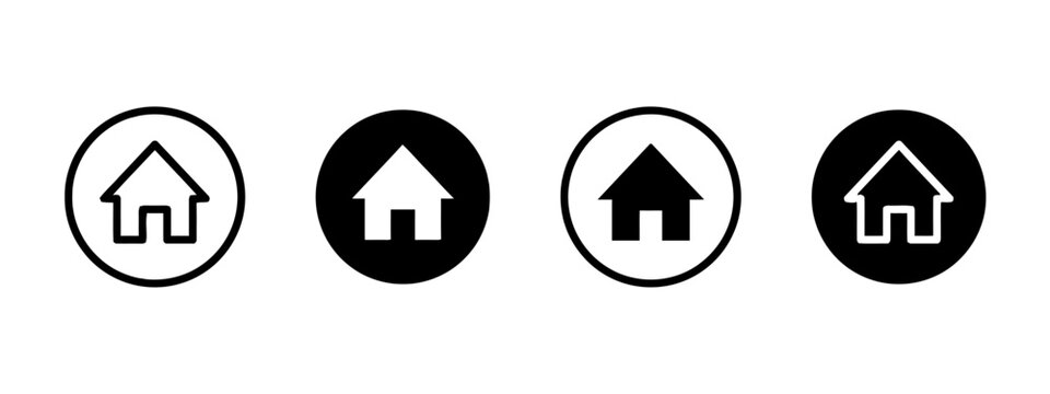 Home Icons Representing Navigation Buttons for Website or Mobile App Circle Frames with White and Black Colors Simple Minimalist Style Vector Illustration