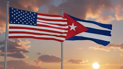Vibrant sunset over flags of the United States and Cuba capturing national pride and emblematic unity