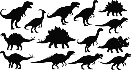 Dinosaur silhouette illustration set featuring various prehistoric reptiles including tyrannosaurus, triceratops, stegosaurus, and sauropods in black s © MstRuna