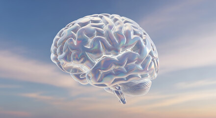 Ethereal Luminous Brain Model Floating Against a Tranquil Sky, Symbolizing Profound Thought, Creativity, and the Limitless Potential of the Human Mind