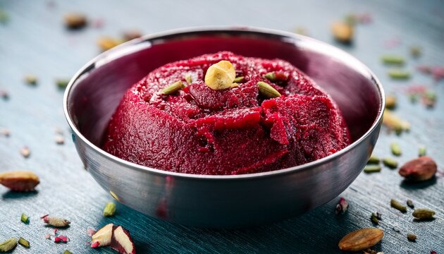 A Close Up Eye Level Shot Captures A Bowl Of Beet Halwa