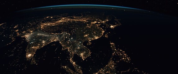 Fototapeta premium Space View of Earth at Night: Lights from China, Taiwan, India, Japan, Thailand, South Korea, and More