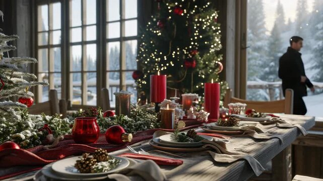 A warm and festive dining table set for a holiday feast with decorations and snowy mountain view in background.