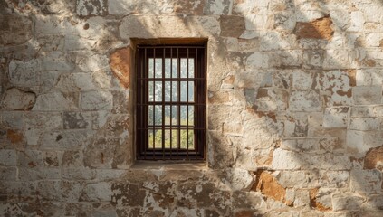 Fototapeta premium A rustic window protected by aged iron bars in an aged building, urban preservation