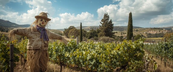 Obraz premium Mykonos Greece Vineyard with Scarecrow