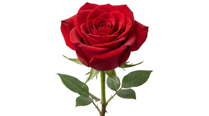 Fototapeta premium Beautiful Vibrant Red Rose Flower Isolated on transparent Background with Green Stem and Leaves Detail