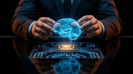 Futuristic Holographic Brain Interface with Businessman.