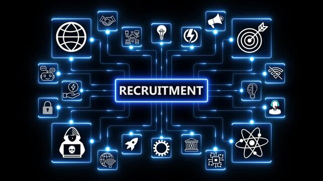 Recruitment job staffing enrollment for hire contract recruiting company occupation work blue words tag cloud text animation.4K black background visuals