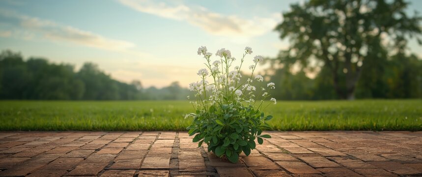 Wild Alternanthera sessilis thriving on field outskirts, sprouting between bricks with beautiful white blooms