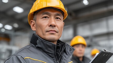 Construction Worker in Industrial Facility with Clipboard