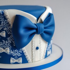 Blue Tuxedo Cake with Velvet Bow Tie Lace Details