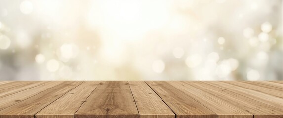 Wooden table surface with empty space and blurred bokeh background, perfect for product showcase or montage. Mockup for space utilization.