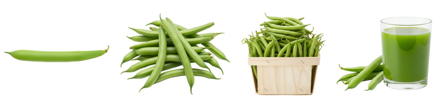 Green beans and green bean juice in various forms on transparent background