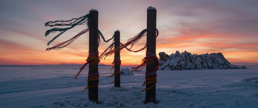 Winter scene at Baikal with traditional buryat shaman sacred pillars with colorful ribbons at Cape Burkhan, Olkhon island at sunset