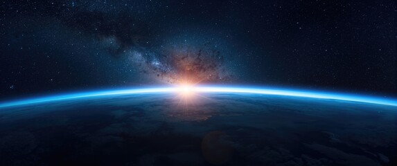 Obraz premium Beautiful blue Earth with a luminous glow, surrounded by stars and the Milky Way