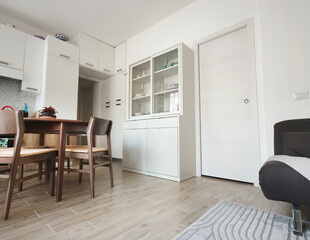 Living room design with white buffet and pencil case door. Scandinavian-style interior. Minimalism and modern renovation. 