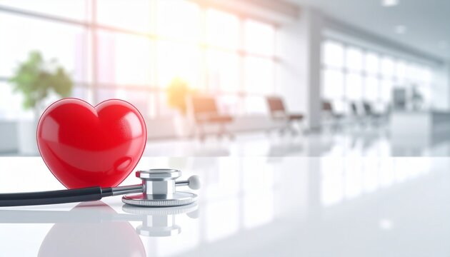World heart health day concept with red heart exercise ball and physician stethoscope in clinic setting - Powered by Adobe