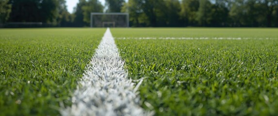 Fototapeta premium football field marked with white paint lines prior to match using a special machine