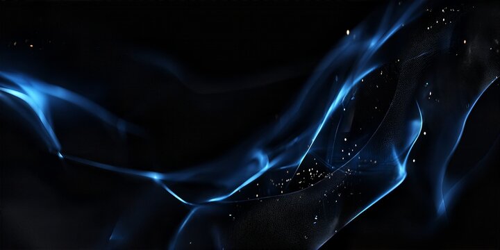 Dark blue translucent luminous mesh flow on black background with copy space. Big data visual. Abstract cyberspace and cybersecurity. 