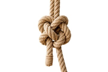 Detailed fiber view of hanging rope knot on pristine white background suitable for maritime or crafting visuals
