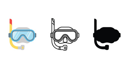 Three different snorkeling masks on a white background for scuba diving and swimming