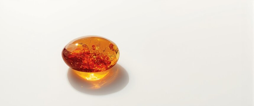 Unique and beautiful piece of transparent amber in different hues on a white backdrop, featuring patterns and inclusions in fossilized tree resin, a natural mineral used for jewelry