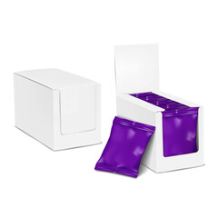 White blank paperboard retail display box with header tab. Closed and open, filled with pillow bag packages. Realistic mockup. Cardboard multipack packaging. Vector mock-up. Template for design