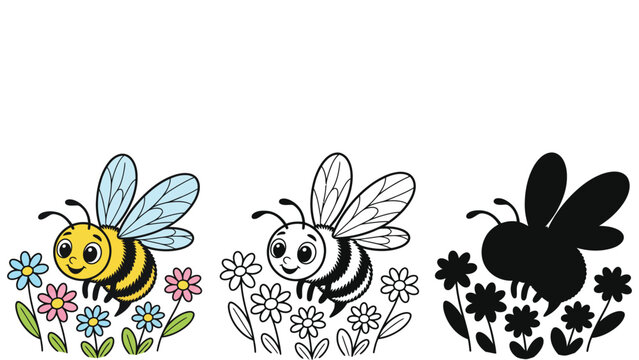 A colorful illustration of bees and flowers in different stages of coloring and completion.