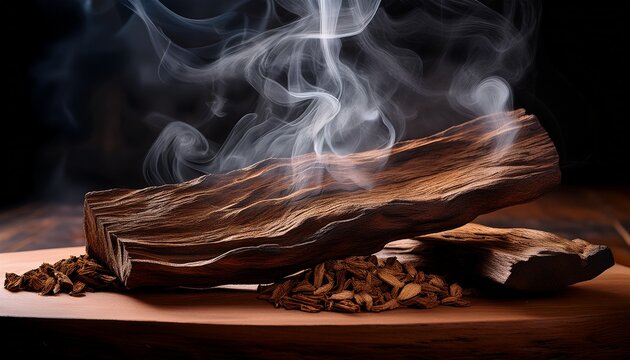Elegant Oud Wood Chips Emitting Aroma And Intricate Smoke Patterns